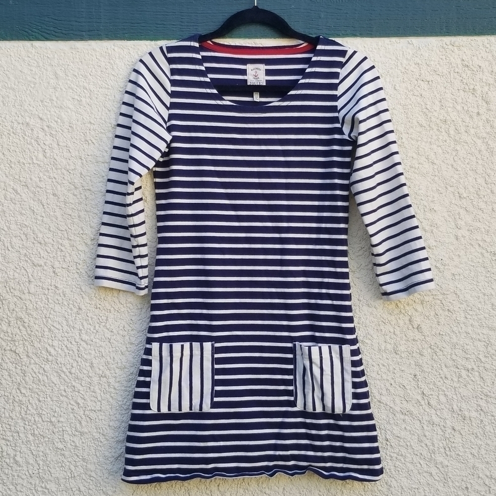 Joules navy and white 3/4 sleeve tunic dress Southham nautical pockets size 4